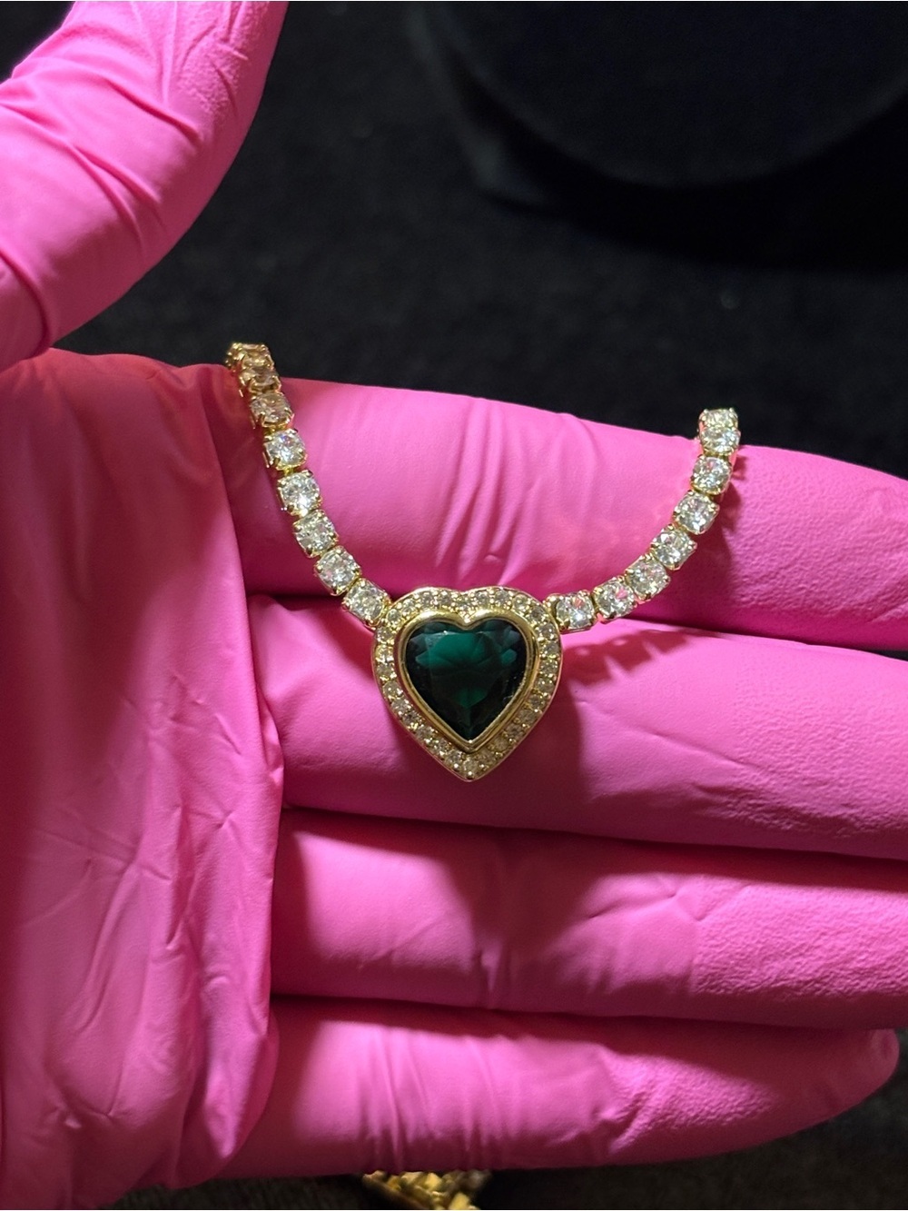 3.2mm Yellow Gold Emerald Green Heart Halo CZ Tennis Necklace 19in. - Picture 10 of 16